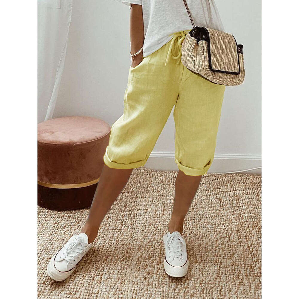 European American cotton en pocket elastic casual women's five quarter pants 2025 new style chic and elegant clothing