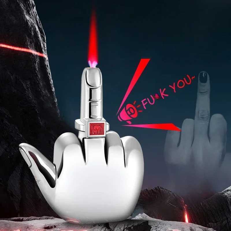 Funny Middle Finger Lighter and FUK YOU Sound Advanced Windproof Red Flame Refillable Butane Torch Lighter Smoking Men GiftsC250305