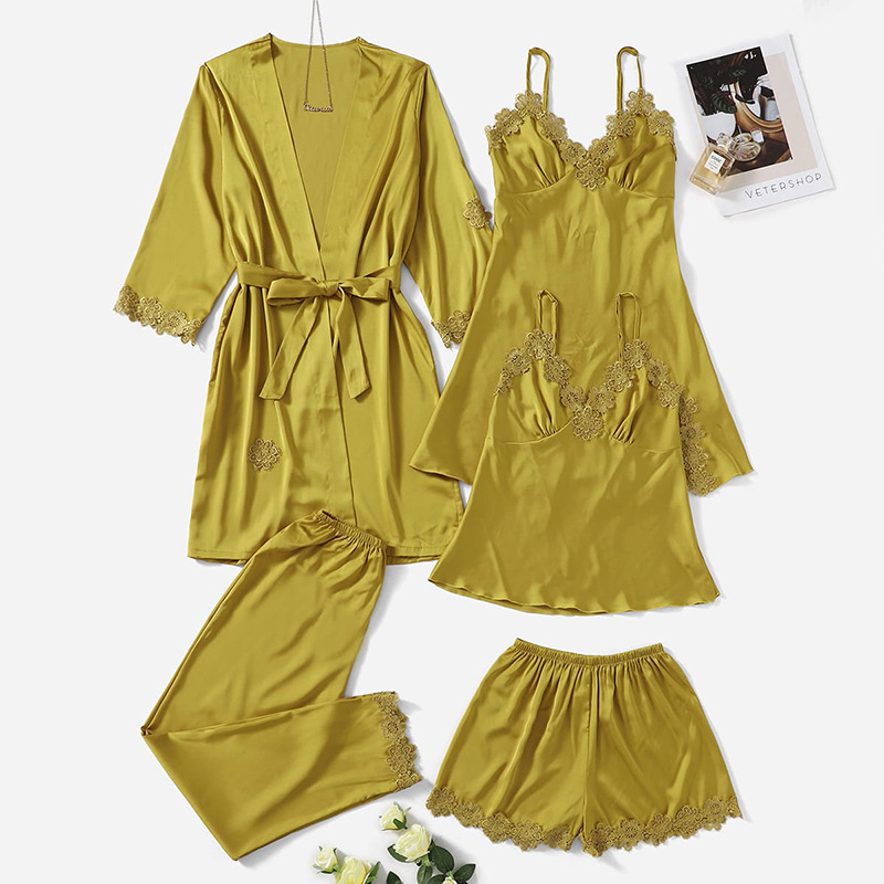 Chic Women's Boudoir Outfit - Simulated Silk Pajama Set Featuring Delicate Lace Design