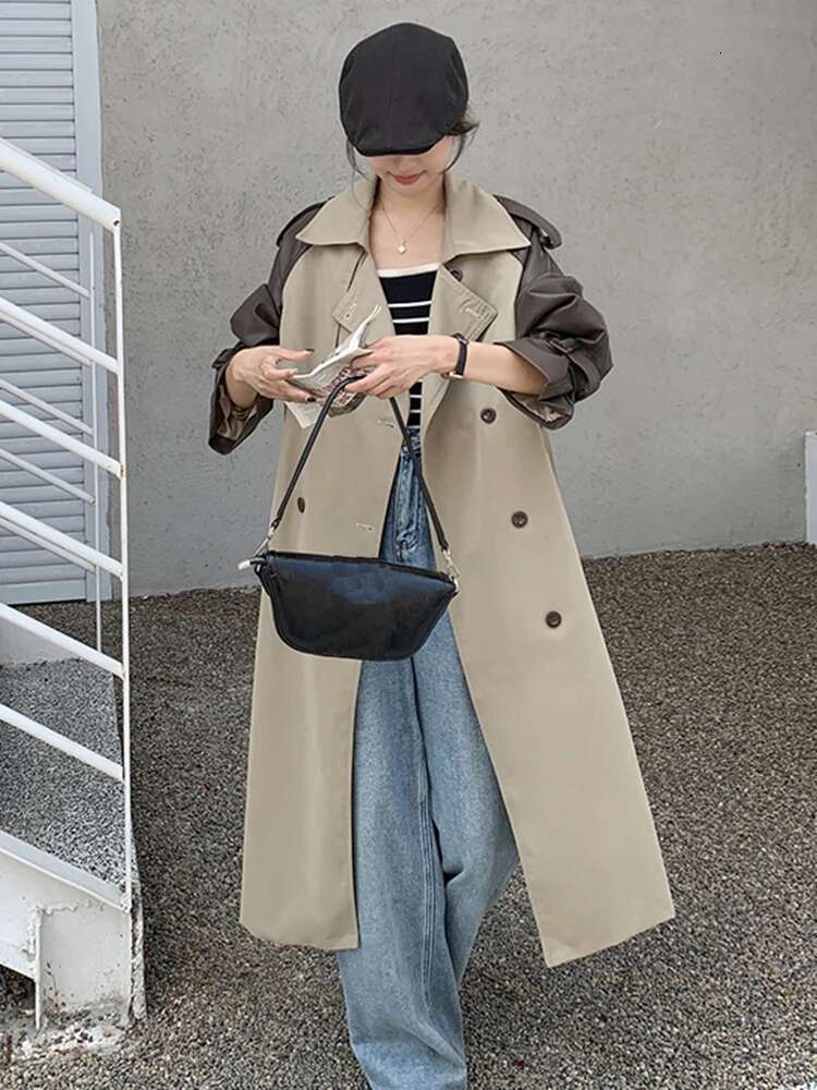 LANMREM Vintage Long Trench Coat Women Lapel Leather Spliced Sleeves Belt Double Breasted Windbreaker 2025 Spring New 2Aa2586