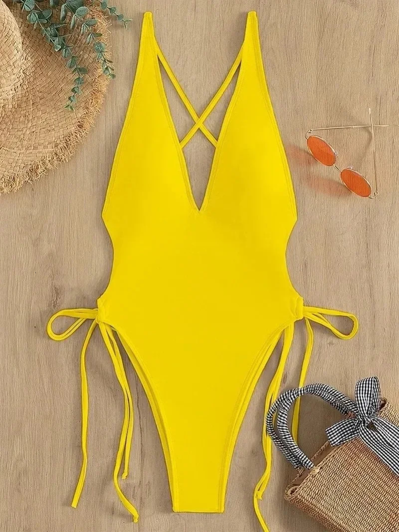 Fashion Solid Deep V Neck One Piece Swimsuit Women Yellow White Hollow Out Pleate Swimwear Beach Bandage Bathing Suit Monokini 250306