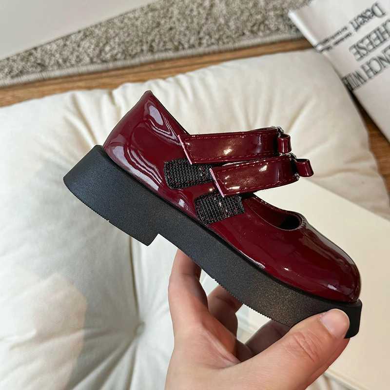 Children Leather Shoes for Spring Wine Red Black Elegant Girls Mary Janes Chunky Hook-loop Beautiful Comfy Kids Shoe 26-36T250306