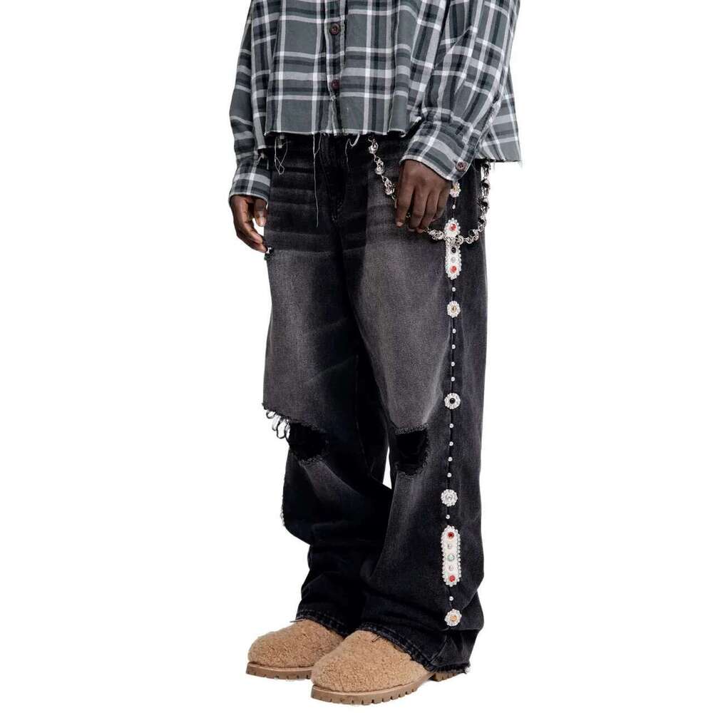 Punk Vintage Rhie Embellished Black Y2k American Style Streetwear Baggy Wide Leg Jeans Men Women Ripped Denim Pants