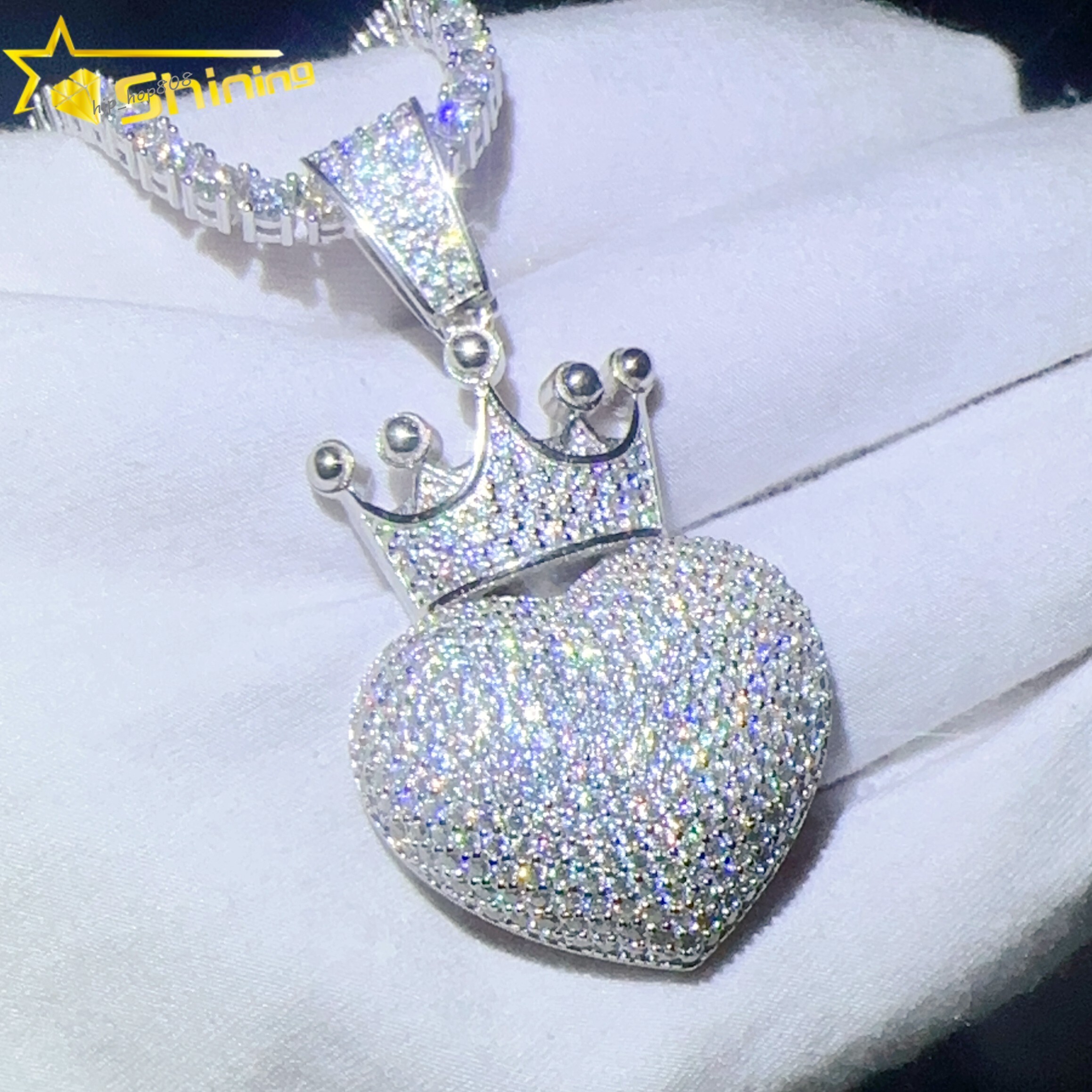 Moissanite Heart Crown Pendant Hip Hop 925 Silver Diamond Pendant Hot Sale Shining Jewelry Necklace Heart Pendant