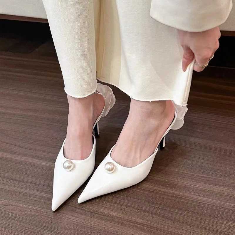 Autumn New Baotou Slippers Wens Fi Pointed Shallow Mouth Pearl Anti-slip Wear-resistant High H Y250306