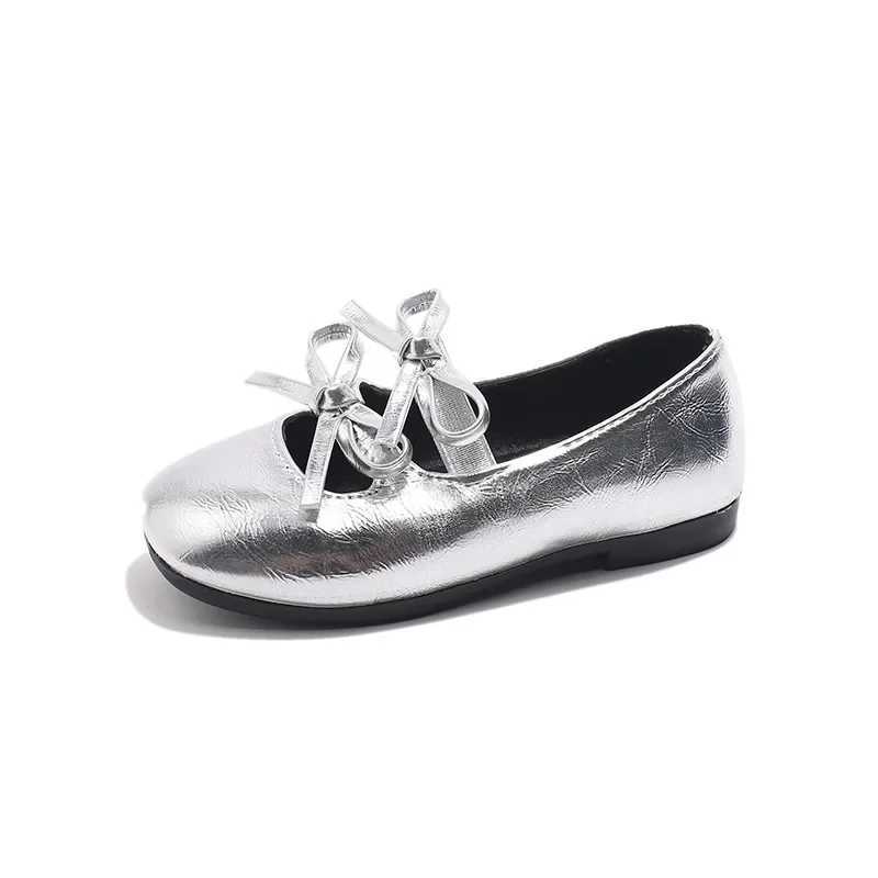 Princess Shoes for Girls New 2025 Fashion Double Bowknot Chic Children Mary Jane Shoes Gold Sliver Square Toe Elegant Kids FlatsT250306