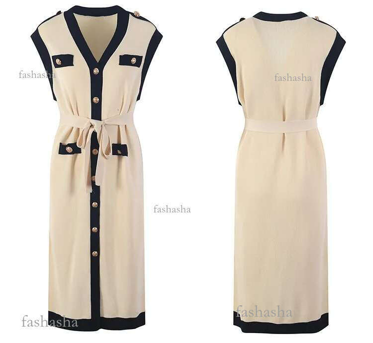 619 2021 Milan Runway Dress Spring Summer Dress V Neck Kint Sleeveless Brand Same Style Empire Womens Dress Fashion High Qual