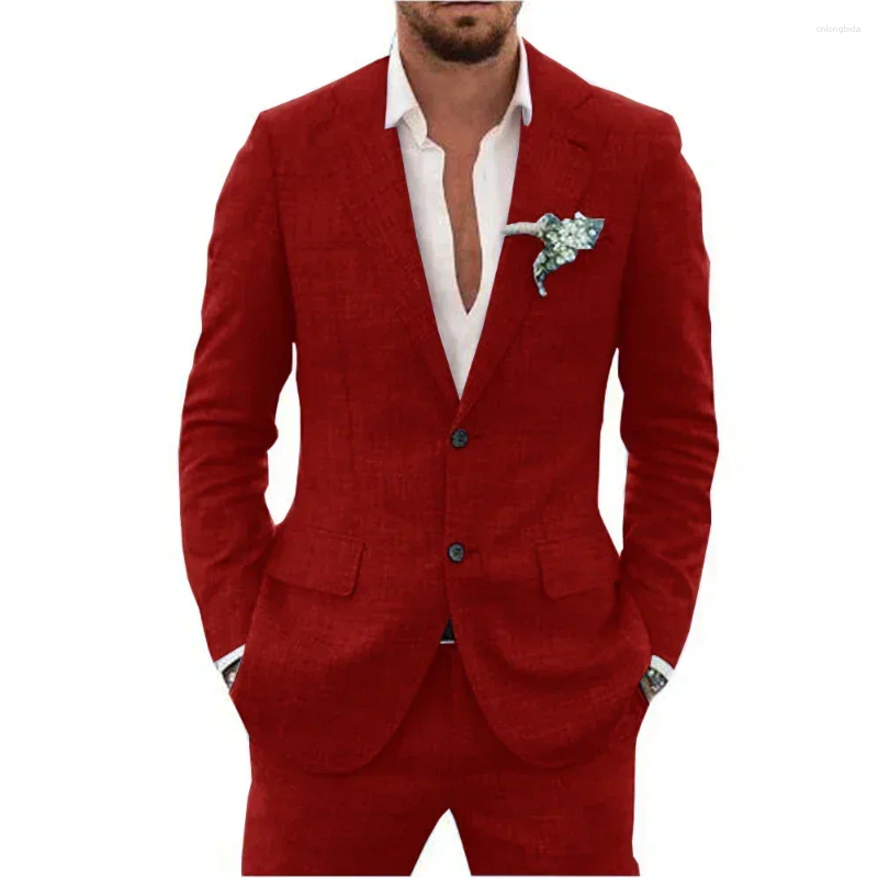 Mens Suits Casual Linen Suit For Men Notched Lapel Slim Fit 2 Pieces Wedding Dresses Summer Beach Tuxedo
