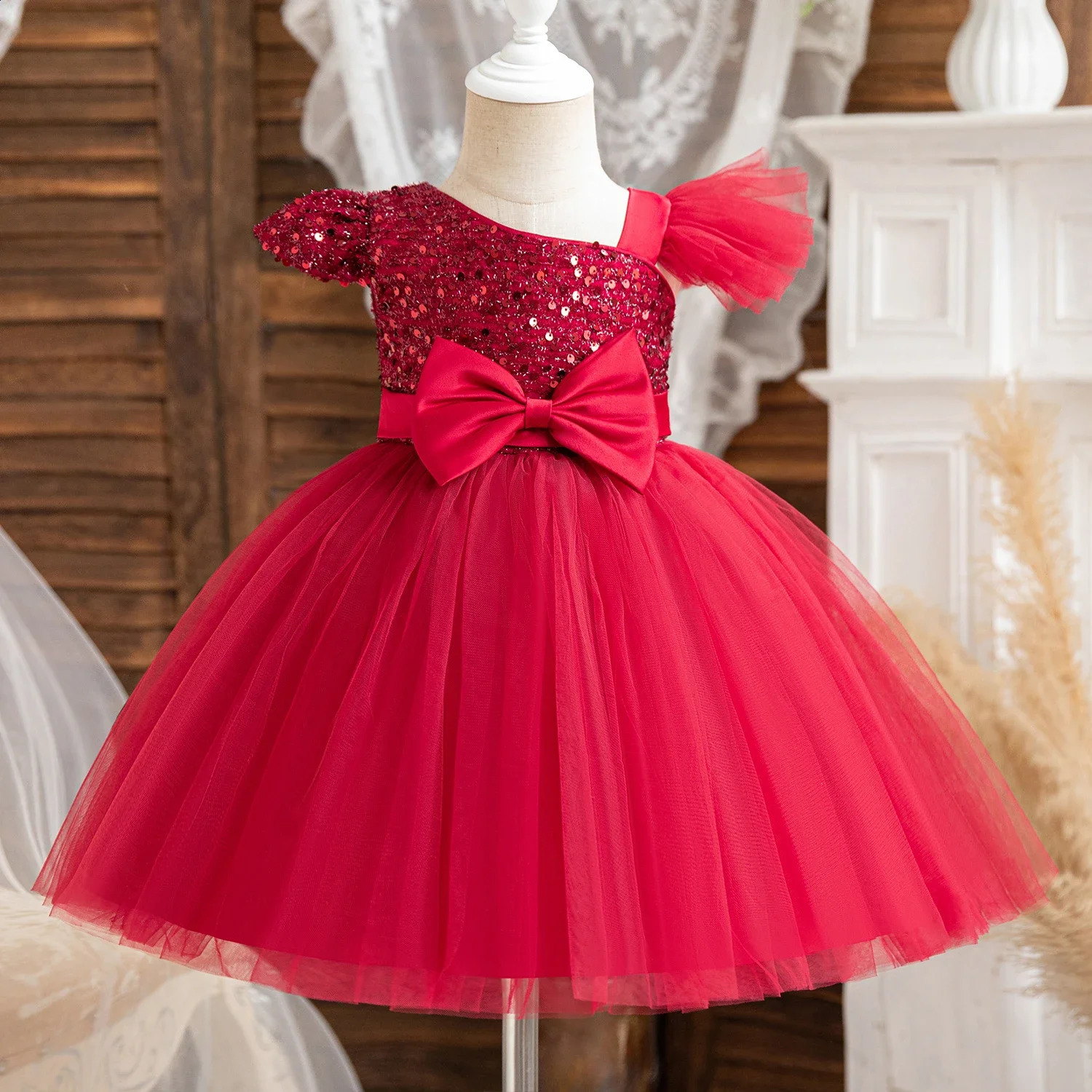 Girls Princess Sequins Dresses Toddler Kids 1st Birthday Baptism Gown Children Wedding Christmas Party Dress 250305
