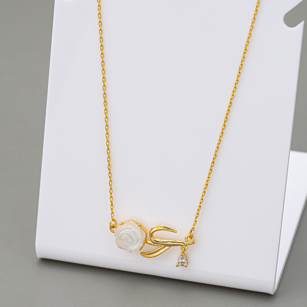 Camellia Pendant Brass Plated Shell Flower Necklace Collar For Women