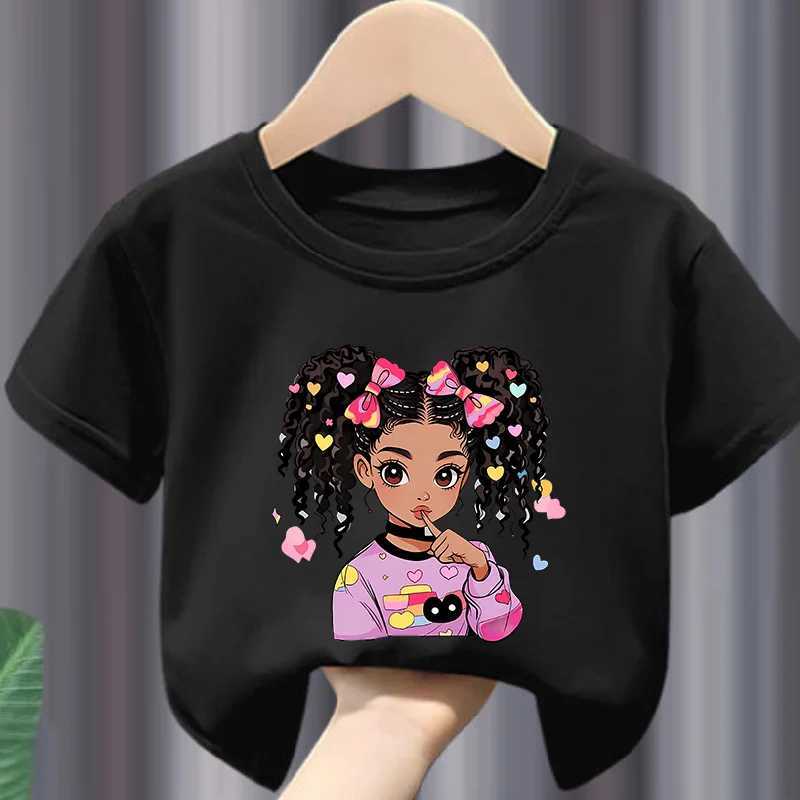 Colorful Cute BLACK GIRL Print Girls Soft and Stretchy Round Neck Short Sleeve T-shirt Kids Clothes Girls Clothes BsT250306