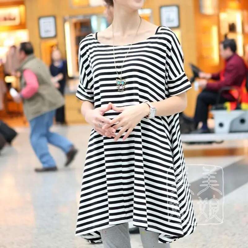 Black White Striped T-Shirt Women In Spring And Summer New Short-Sleeved Chiffon Loose Top Round Neck Pullover Mid-Length