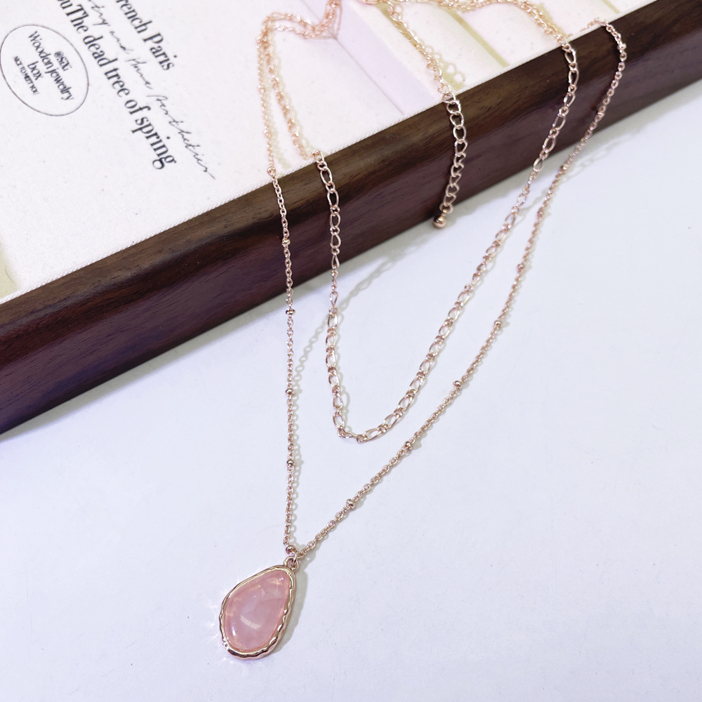 Temperament Light Luxury Retro Natural Stone Pendant Double Layer Necklace For Women Senior Sense Simple Clavicle Chain