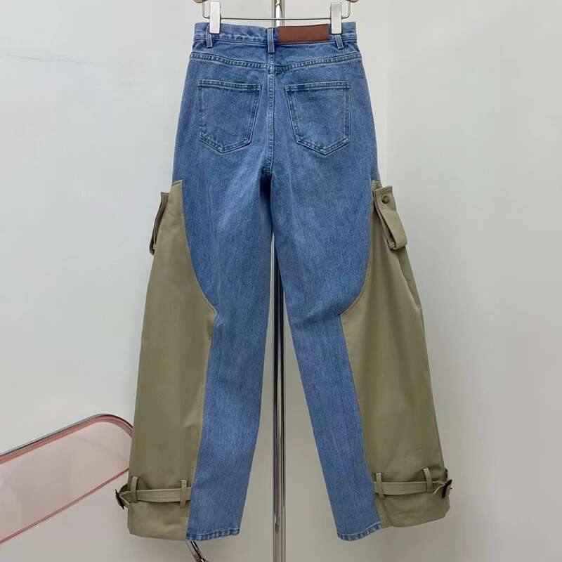 Women's Spliced Jeans, Heavy Duty Wide Leg Fashionable And Versatile Sports Pants, High Quality, Spring, New, 2025, Y2k