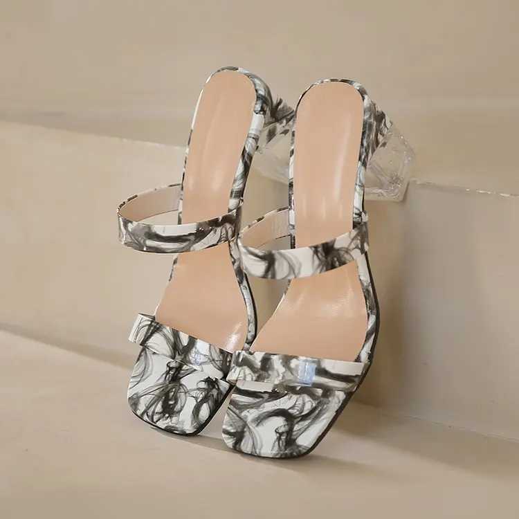 Transparent Crystal Heel Slippers Wens 2023 Summer New Large Square Slippers with Pattern Y250306