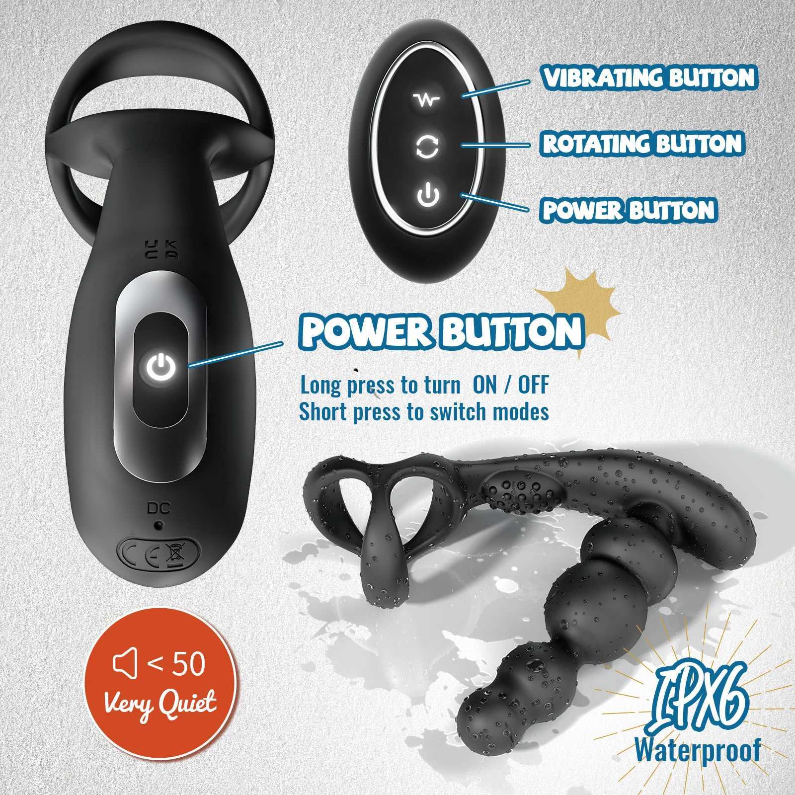 Anal Vibrator 360 Rotate Anal Beads Male Prostate Massager with Cock Ring Wireless Control Vibrating Butt Plug Sex Toys for MenXJ250306