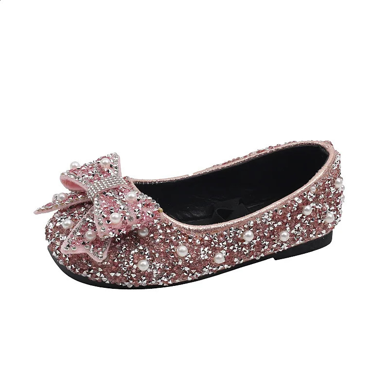 Childrens Flats Kids Single Shoes Fashion Girls Pink Rhinestone Bow Silver Princess Shoes Students Show Shoes H791 250305