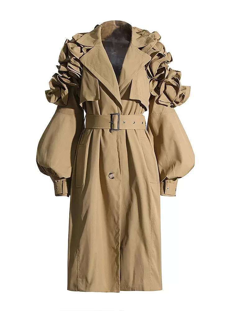 Plusizeshe Spring Autumn Long Elegant Chic Ruffled Khaki Trench Coat For Women Belt Single Breasted Designer Clothes 2024