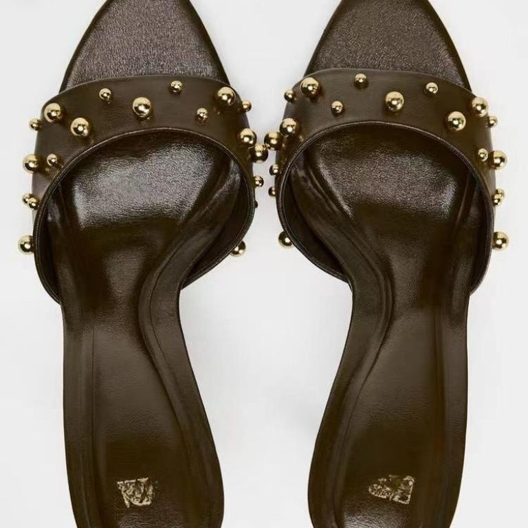ZA Shoes 2024 Summer New Style Waste Earth Wind Rivet Army Green One Foot Stiletto High Heel Sandals Women's French