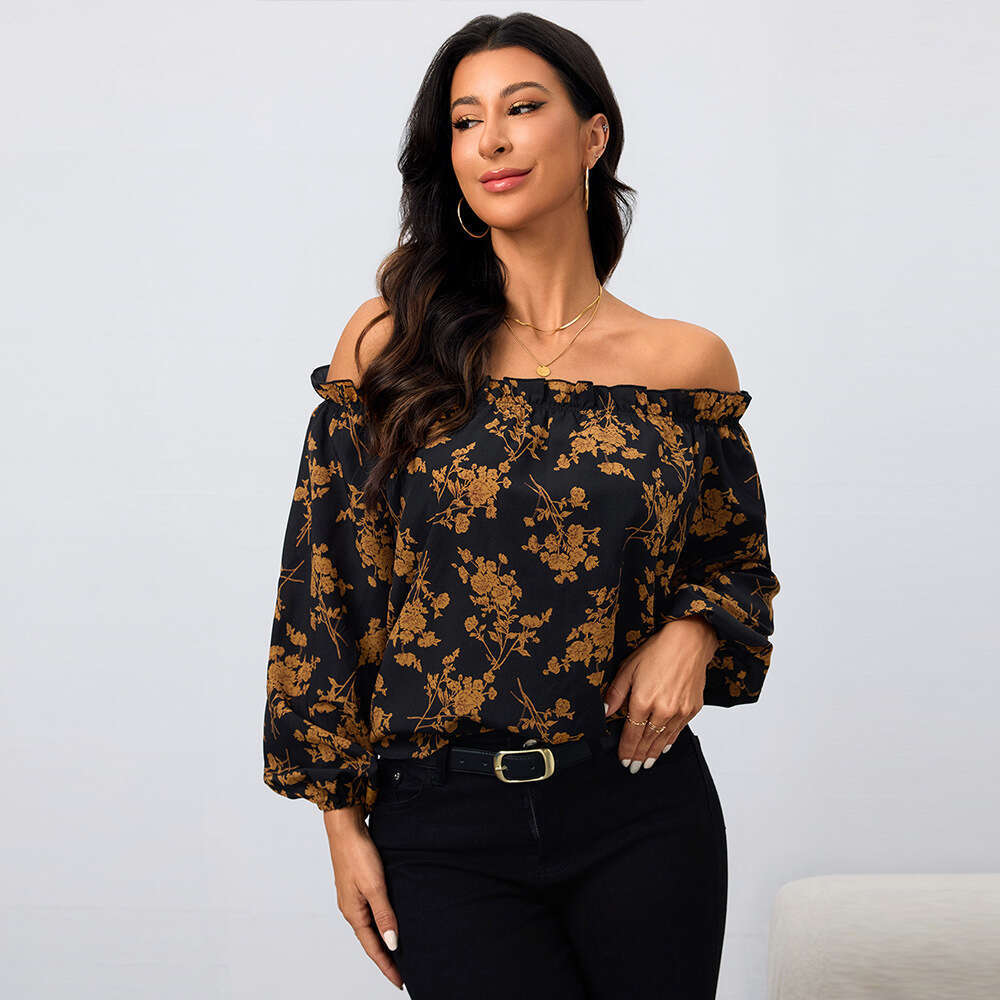 Women's Off Shoulder One Neck Women's Shirt Autumn And Winter New Floral Temperament Long Sleeved Top KLMY