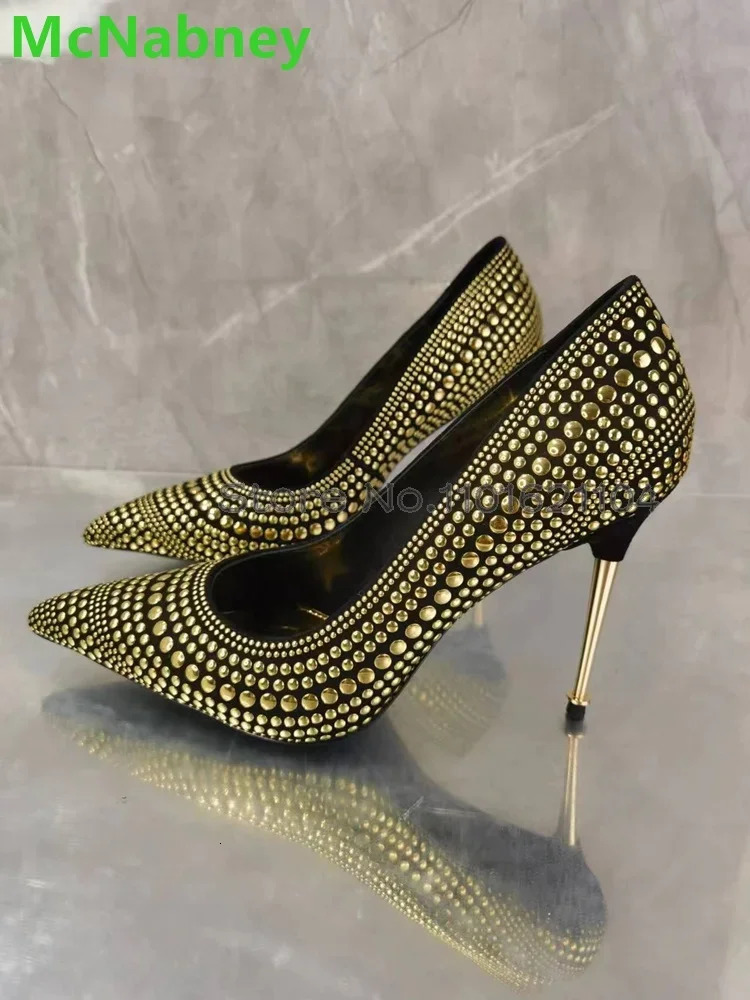 Metal Thin High Heel Pumps For Female Women Pointed Toe Gold Rivet Slip-on Fashion Shallow Elegant Sexy Footwear 250306
