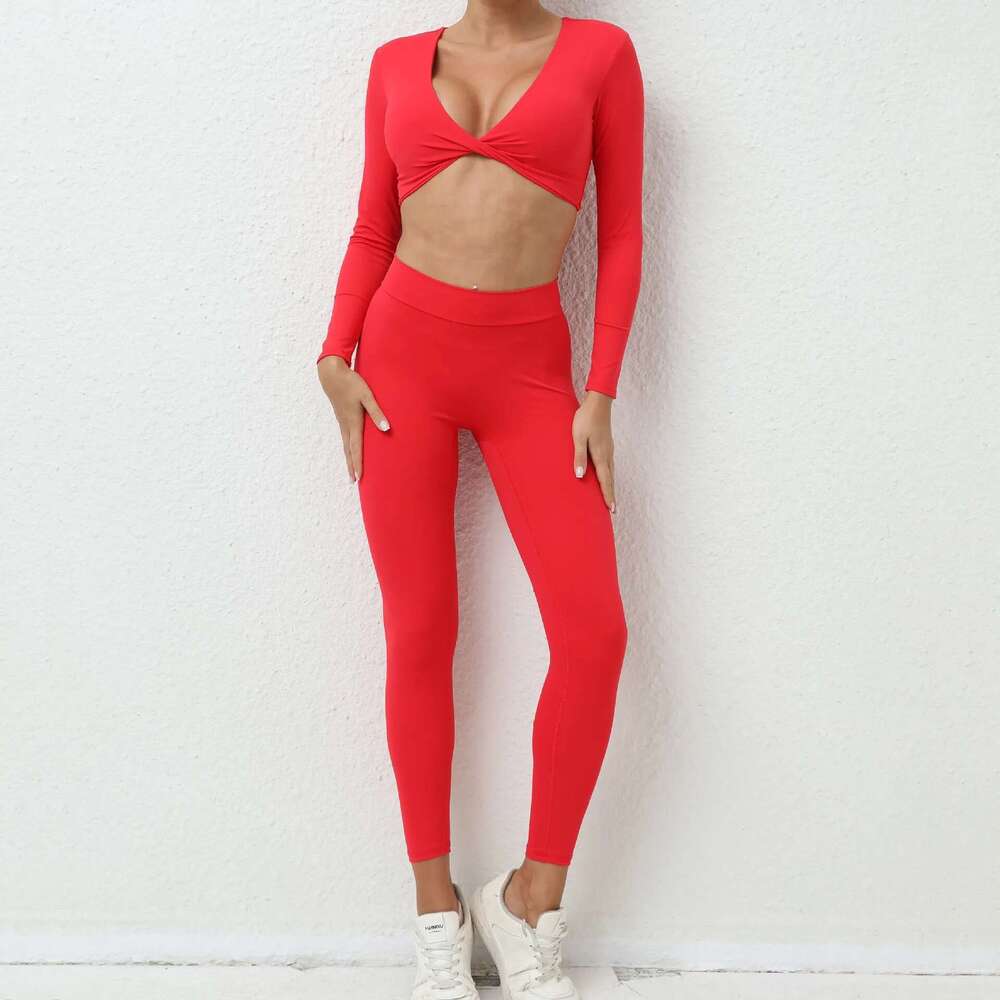 1/2Pcs Pad Long Sleeve Crop Tops Women Yoga Set Sport Gym Scrunch V Back Fiess Leggings Workout Pant Active Suits KLMY