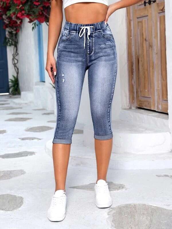 Hot selg jeans in Europe and America, women's elasticity elastic waistband drawstring, high waist sexy ripped jeans, 2025 new casual versatile fa