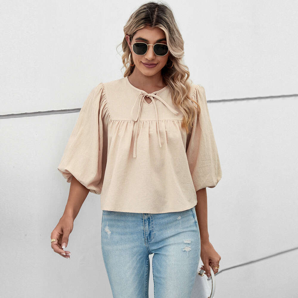 Round Neck Bow Loose Fit Five Quarter Sleeve Women's Pullover Sweet Top KLMY