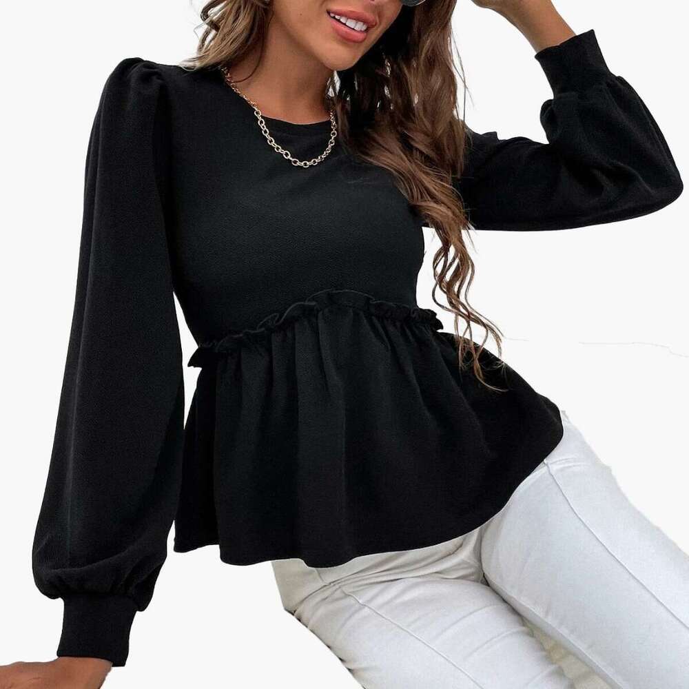 Women's Temperament Commuting Round Neck Bubble Long Sleeved Shirt With Ruffle Edge Design And Pullover Top KLMY