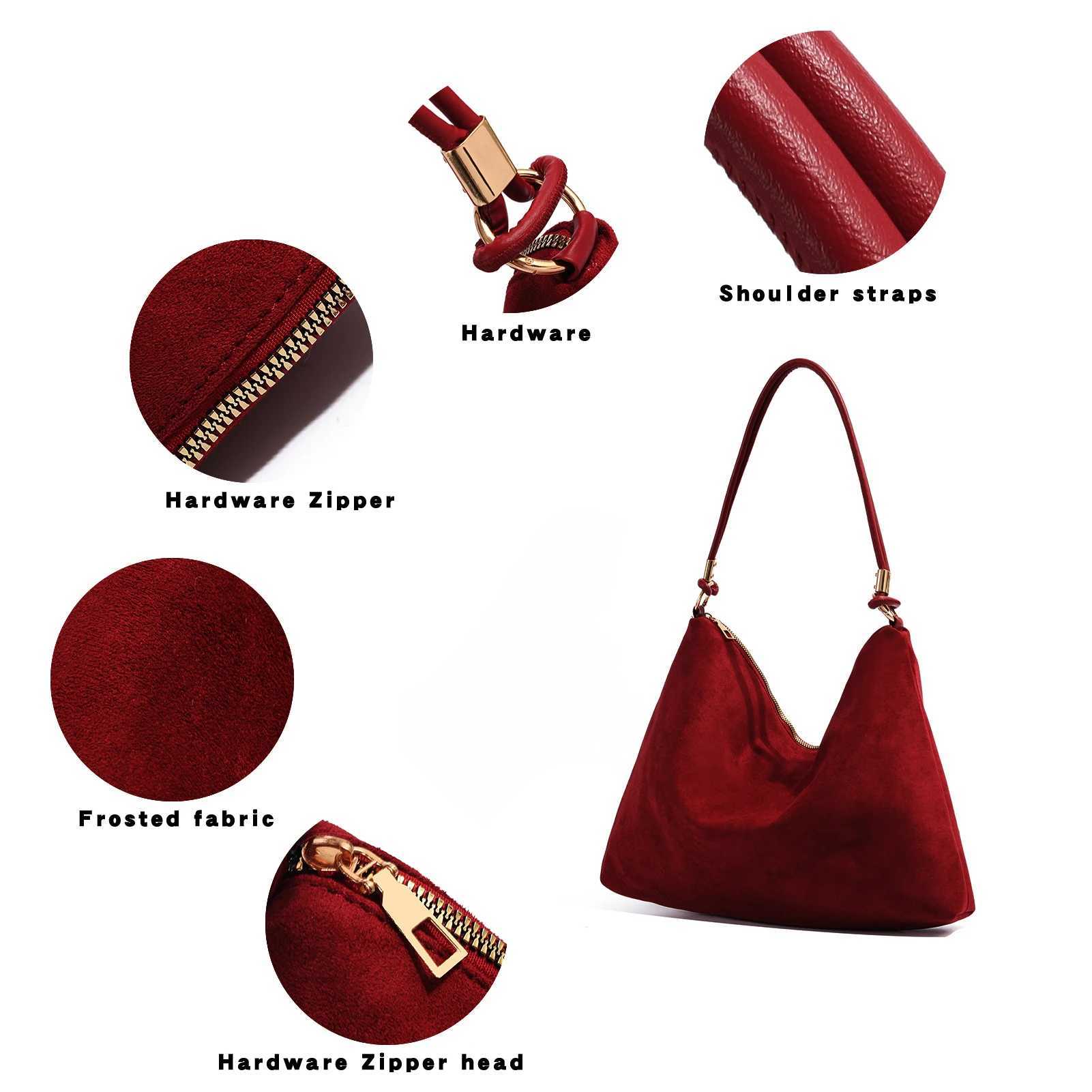 New Burgundy bag Retro shoulder bag suede leather commuter bag Womens Y250306