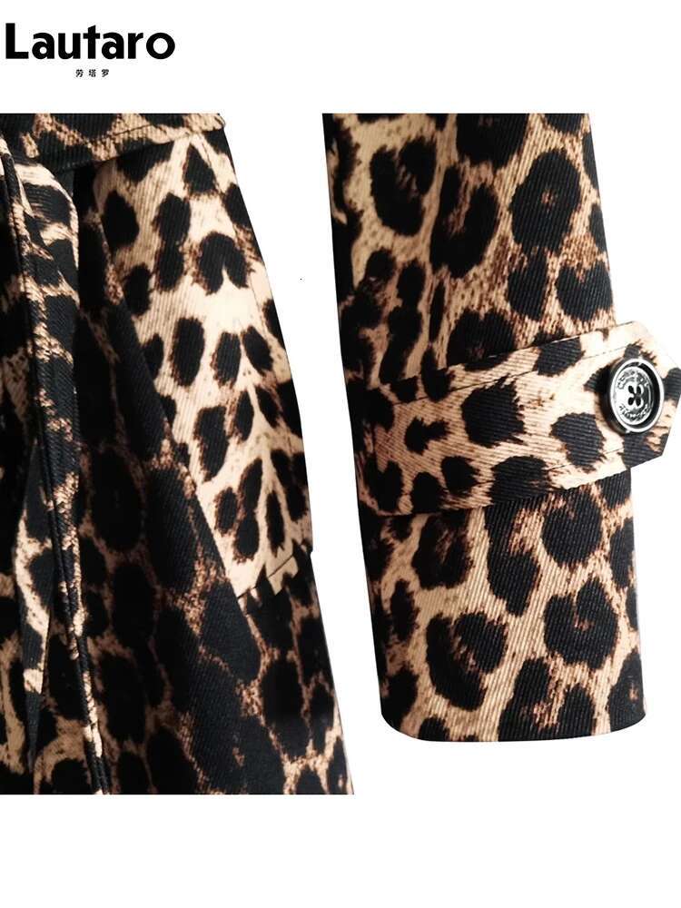 Lautaro Spring Autumn Long Stylish Leopard Print Trench Coat For Women Belt Double Breasted Casual Designer Clothes 2023