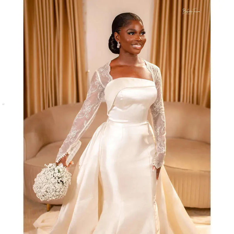 Mermaid White Ivory Lace Wedding Dresses Detachable Train Long Sleeves Bridal Gowns Lace Shawl Separately Square Necke Satin Brides Dress Vestido De N