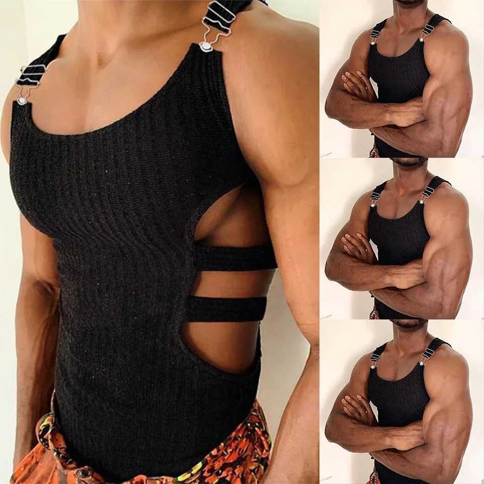 Sexy Cutout Mens Sleeveless Knitted Slim Crop Tops Adjustable Vests Erotic Sweatshirt Hollow Tank T Shirt Muscle Suspender VestT250318