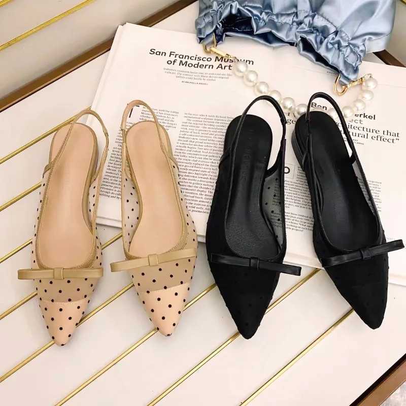 Womens 2025 New Polka Dot Chunky Heel Gracef Pointed Toe Shallow Mouth Slimming Baotou Bow Shoes Womens Sandals Y250306
