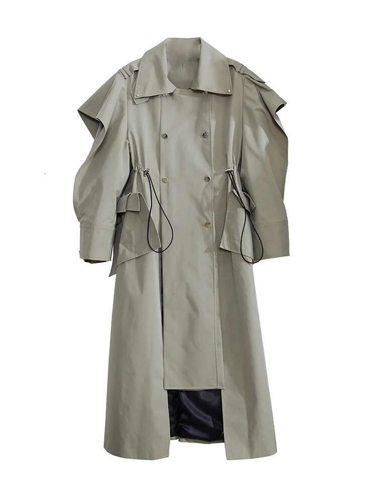 Plusizeshe Spring Autumn Long Elegant Chic Trench Coat For Women With Drawstring Waist Double Breasted Designer Clothes