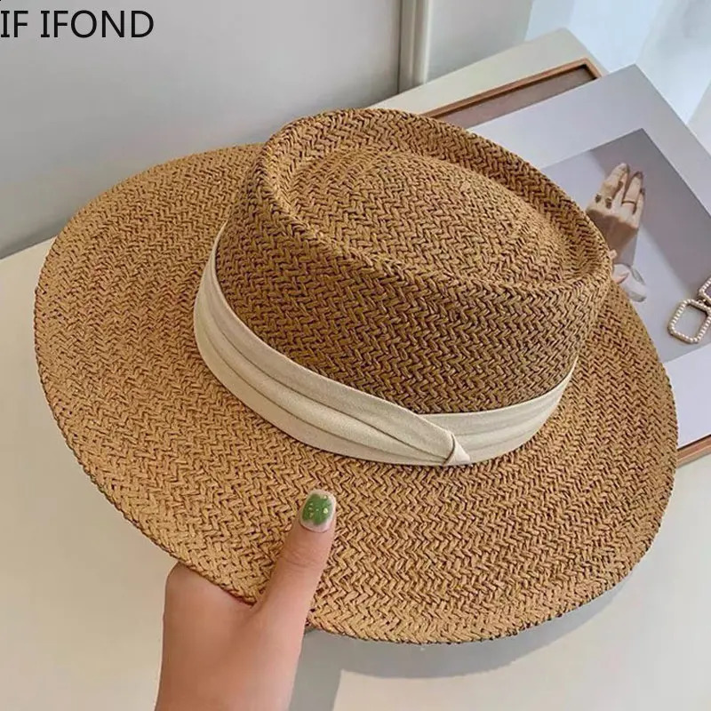 Spring Summer Breathable Straw Hats For Women Fashion Casual Fedora Hat Outdoor Concave Top Travel Hats Panama Beach Sun Hat 250303