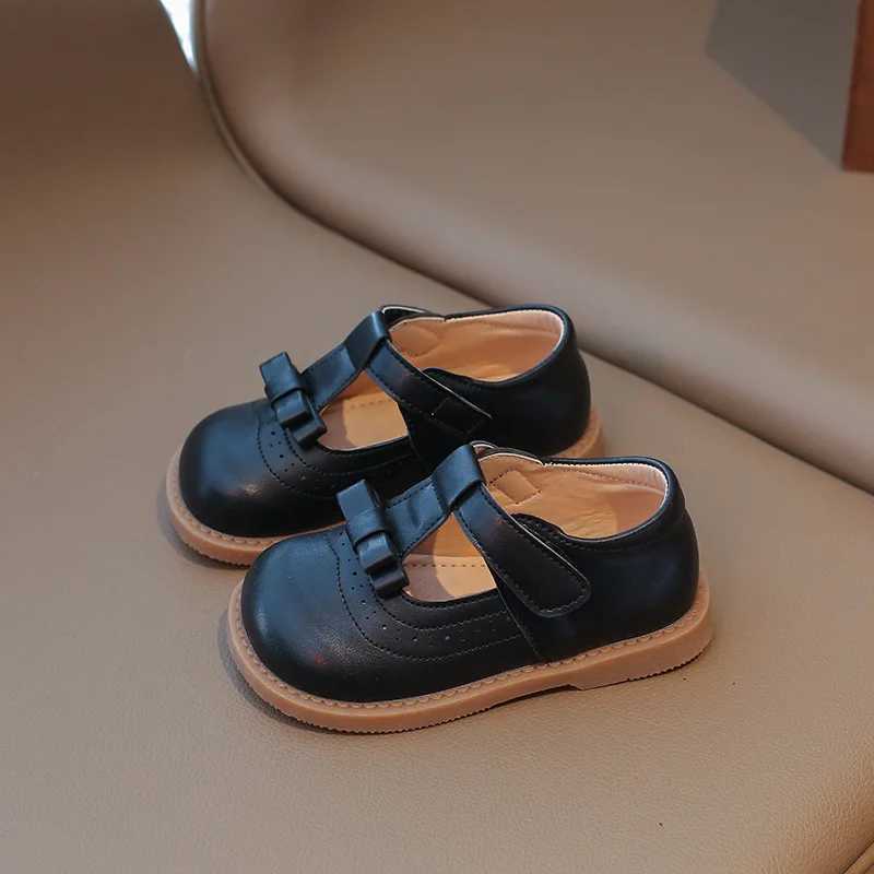 Girls Bow Princess Shoes Leather Shoes 2024 Spring New Fashion Soft Sole Childrens Single Shoes Soft Sole T-strap Kids ShoesT250306