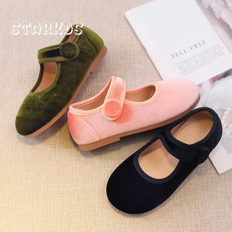 Cute Peach Pink Velvet Shoes Girls Vintage Green Velour Ballet Flats Baby Kids Spring New Soft Sole Luxury Mary JanesT250306