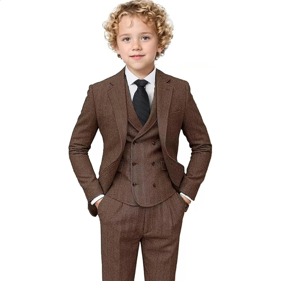 Boys Tweed Suit 3 Piece Tuxedo Suit for Boys Two Button Suits Jackets Vest Pants Set for Kid 250305