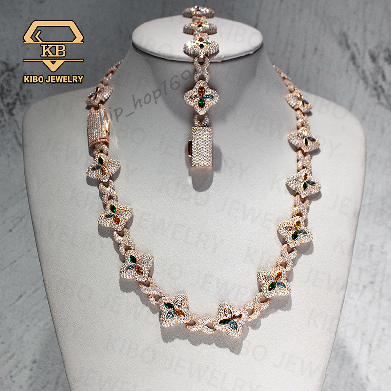 Fashion Hip Hop Jewelry 22mm Rose Gold 925 Sterling Silver Colored Moissanite Diamond Four Leaf Clover Infinity Link Chain