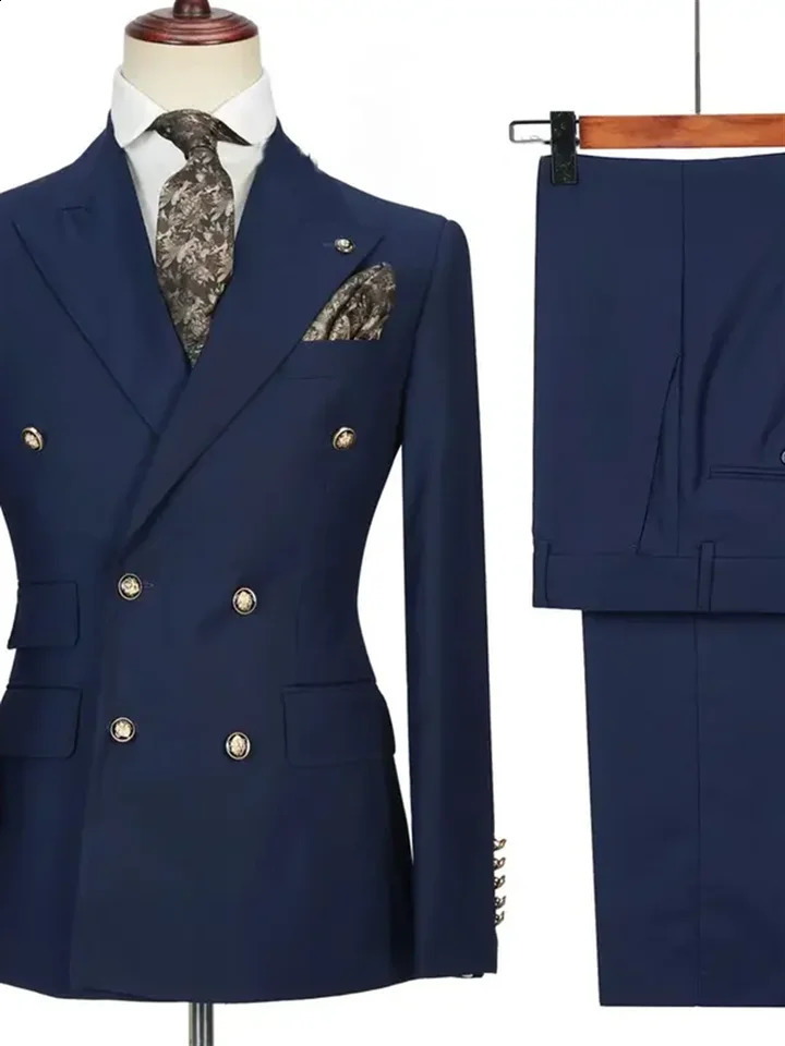 2 Piece Fashion Black Men Suits Set High Quality Formal Double Breasted Lapel Suit Slim Fit Smart Wedding Casual Tuxedo 250224Z