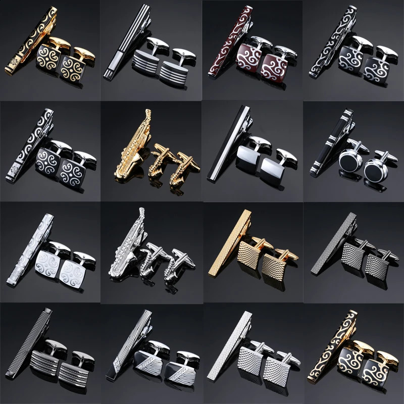 High Quality Cuff links necktie clip for tie pin mens gift Classic pattern bars cufflinks set Men Jewelry 250228