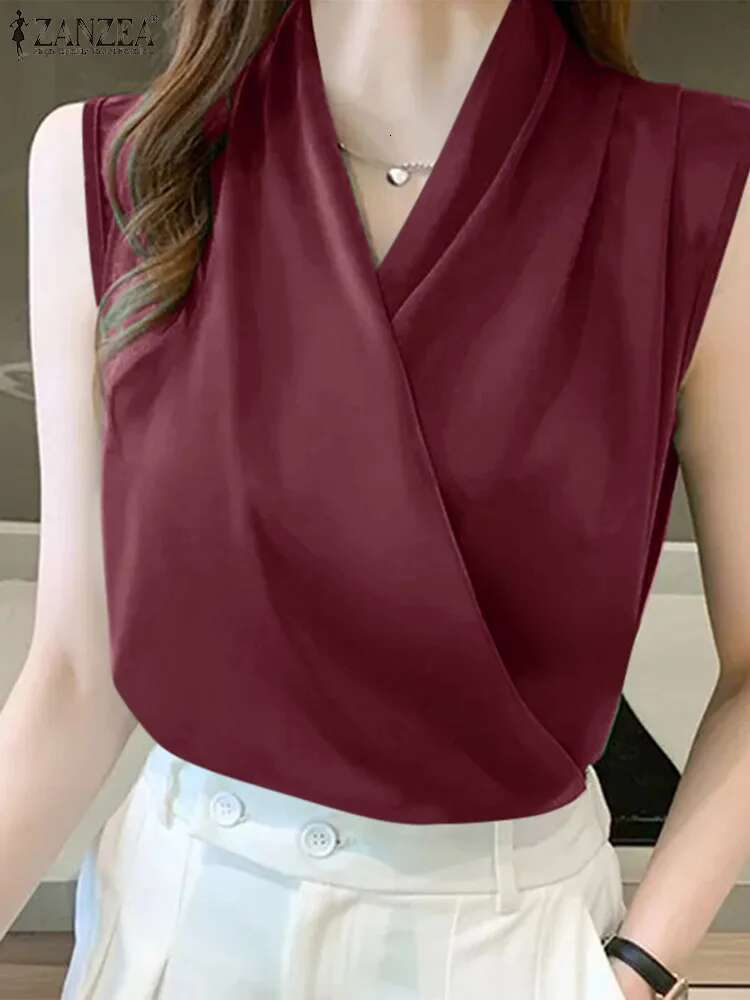 Elegant V Neck Sleeveless Satin Blouse 2024 ZANZEA Summer Women Office Work Tops Female Casual Solid Pleated Shirt Blusas Mujer