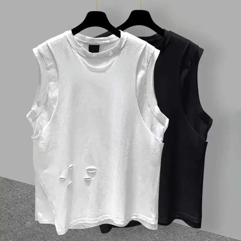 Casual Trendy High Street Sports Shoulder Vest Top Korean Style Mens Summer Tank Top White Short SleevesT250318
