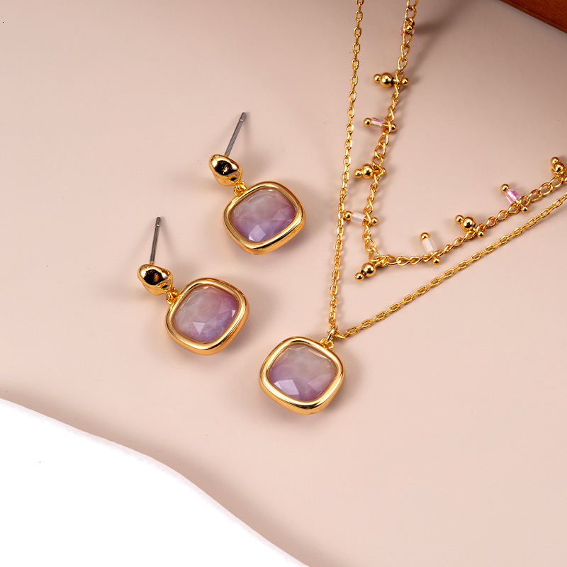 Japanese And Korean Simple Ins Square Amethyst Pendant Stack Wearing Collarbone Chain Female Niche Design Temperament Necklace Jewelry