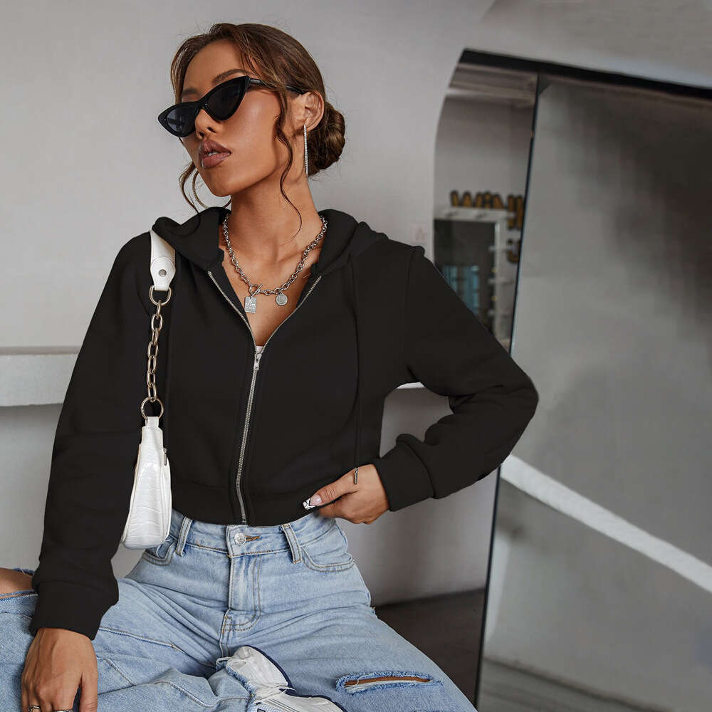 Ins Trendy Design Hooded Sweatshirt Autumn/Winter Zipper Cardigan Short Top KLMY