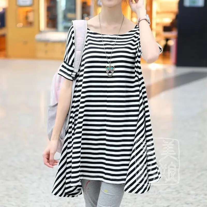 Black White Striped T-Shirt Women In Spring And Summer New Short-Sleeved Chiffon Loose Top Round Neck Pullover Mid-Length
