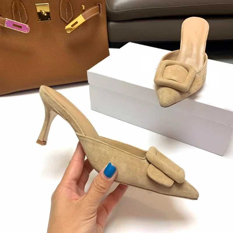 2024 New Mler Shoes Wens Shallow Mouth Pointed Toe Middle Heel Square Buckle Stiletto Baotou Wens Half Slippers Y250306