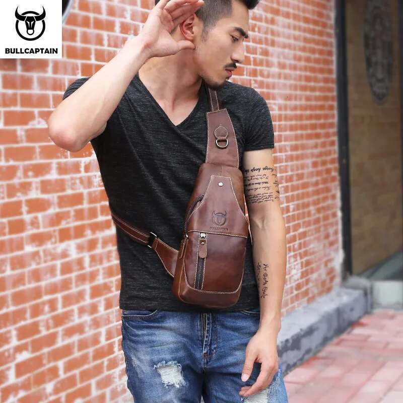 BULLCAPTAIN Genuine Chest Casual Triangle Crossbody Design Travel Shoulder Backpack Men Leather Multifunctional Bag