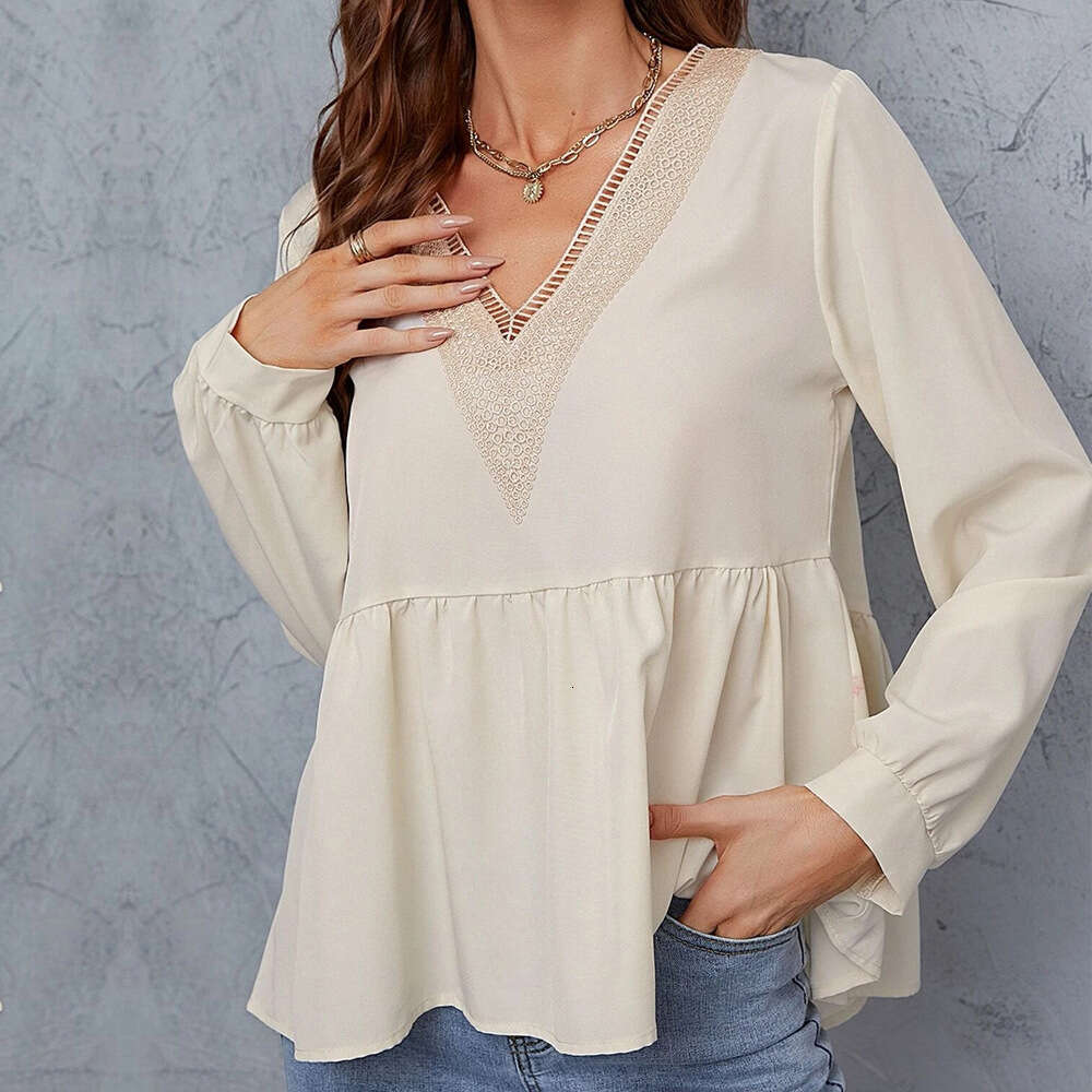 Spring/Summer Commuter Top Patchwork Lace V-Neck Loose Long Sleeve Women's Shirt KLMY